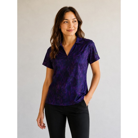 Yatta Golf Tops - Yatta Golf Womens Purple Tropical Leaf Print Performance Polo Shirt Size L